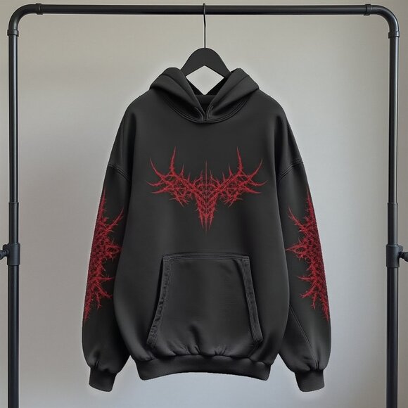 Mens Graphic Hoodie, Black Dark Streetwear Gothic Jacket, Cotton Polysester Blen - Picture 4 of 5